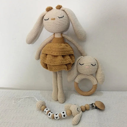 1 Set DIY Crochet Bear Baby Teether Newborn Bunny Rattle Toy Wooden Molar Teething Ring Pacifier Clips Chain Set Baby Stuff