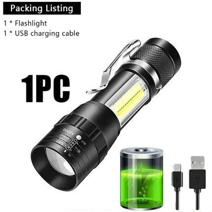 USB Rechargeable Mini Flashlight COB+XPE Portable Built-in Battery Zoomable Small Torch 3 Mode Camping Emergency Flashlights