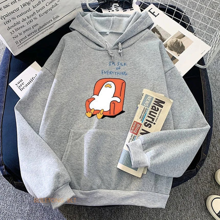 I'M SICK EVERYHING Funny Duck Cartoon Printed Hoodies Casual Sweatshirts for Women Winter Fleece Harajuku Street Hoody