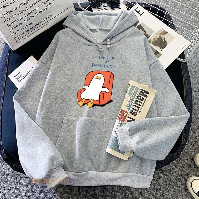 I'M SICK EVERYHING Funny Duck Cartoon Printed Hoodies Casual Sweatshirts for Women Winter Fleece Harajuku Street Hoody