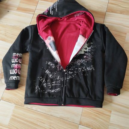 New Double-Sided Hooded Zipper Sweatshirt with Autumn and Winter American Printed Patchwork Cardigan Top and Outerwear Ins