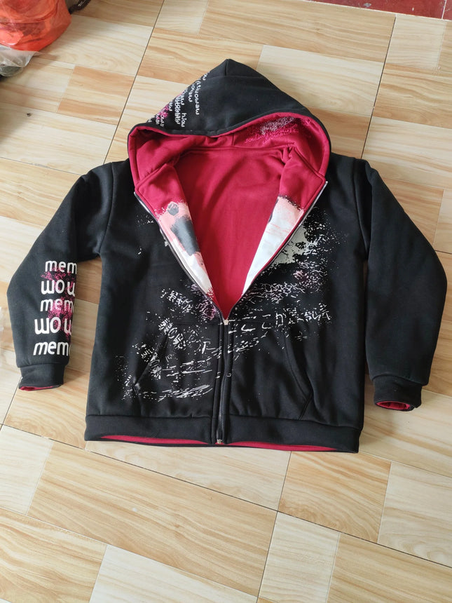 New Double-Sided Hooded Zipper Sweatshirt with Autumn and Winter American Printed Patchwork Cardigan Top and Outerwear Ins