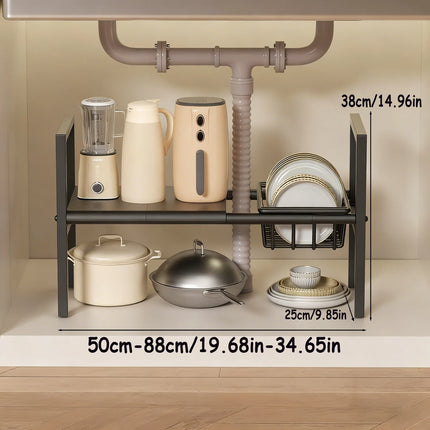 Under-Sink Kitchen Storage Rack/Shelf, Extendable, Single/Double Layer Storage Solution, Made of Steel, Perfect for Kitchen Use, Ideal for Laundry Rooms, under the Sink, Maximizes Space, Easily Stores Various Bottles and Spic