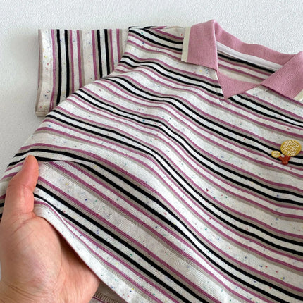 2026 Summer 6M-5Y Korean Style Childrens Clothes Contracting Color Stripe Girls Shirt Cartoon Embroidery Polo Shirt