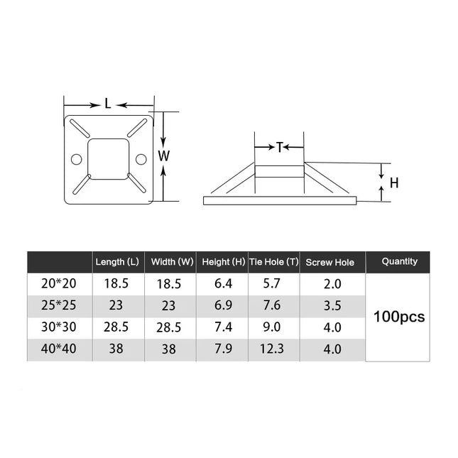 100PCS Cable Tie Base Mount With Glue Wire Removable Self Adhesive Wall Holder Car Fixing Seat Clamps Suction Positioning Sucker