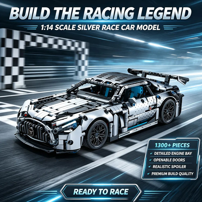 1:14 Silver Race Car Building Blocks 1300+Pcs Mechanical Sports Car Bricks Model Adult Assembly Hobby Gift Collectible Decor Toy