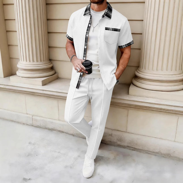 2026 New Men's 2 Piece Outfit Waffle Knit Short Sleeve Shirt & Pants Set Casual Streetwear Tracksuit