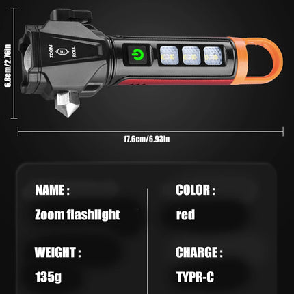 Tactica LED Flashlight w/ Safety Hammer & Seatbelt Cutter, SOS Red Strobe,Rechargeable Survival Gear for Outdoor EDC Defense