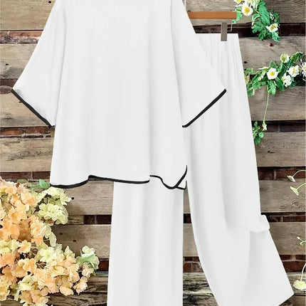 Plus Size Women Casual Fashion Set Loose Comfortable Open Split Half Sleeve Top Wide Pants Long Pant Two Piece Outfit Pajama Set
