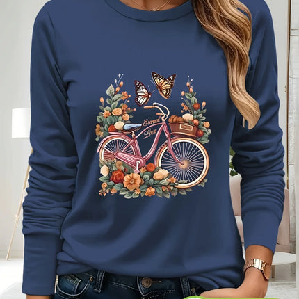 Women's Casual Long Sleeve T-Shirt Black Bicycle & Butterfly Floral Print 100% Cotton Round Neck Top for Spring/Summer
