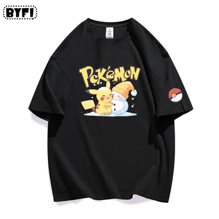 New Cool Pikachu Collaboration Pok É Mon Peripheral Short Sleeved T-shirt for Men and Women, Pure Cotton Half Sleeved Loose Top
