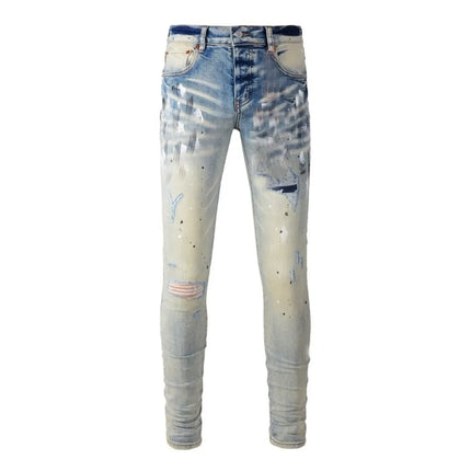 High Street Men's Jeans American Distressed Dark Black Coated Blank Stretch Skinny Button Fly Ripped Pants Trousers