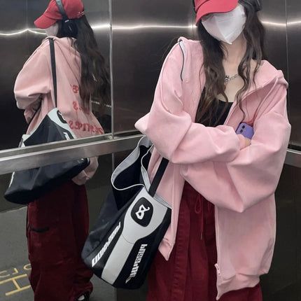 Retro Zipper Up Hoodie Y2K Clothes Pink Harajuku Hip Hop Oversized Little Devil Hoodie Sweatshirt Women Casual Zip Jacket Tops