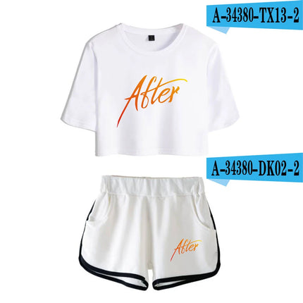 Youthful Black White After We Collided Girl Dew navel Two Piece Set Sexy Short Sleeve Crop T-shirts+Shorts Pants Tracksuit