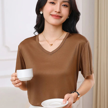 2026 Summer New Women's T-shirt V-neck Knitted Women's Short Sleeve High end Acetate Fiber White Fashion Women's Top