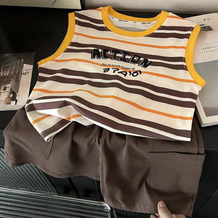 2026 Summer Sport Style Boys Clothing Set Letter Pattern Tank Top+Cargo Shorts 2Pcs Clothes Stripe Children Suit