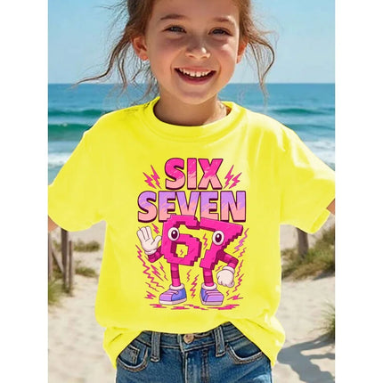 Pure cotton children's T-shirt 2026 trendy cool number 67 cartoon print for boys and girls summer casual parent-child wear