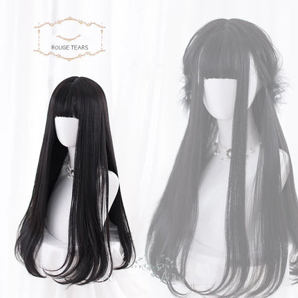 AS Long Straight Black Synthetic Wig For Woman With Bangs Black Cosplay Lolita Wigs Heat Resistant Natural Hair