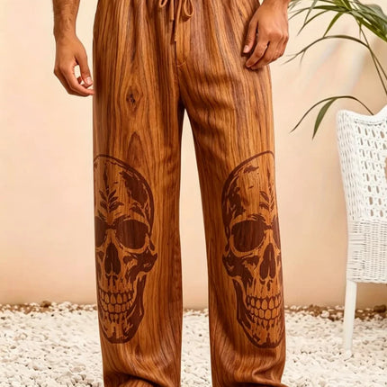 Men's skull print casual pants, loose and breathable drawstring style, for trendy and cool vacation items in multiple scenes