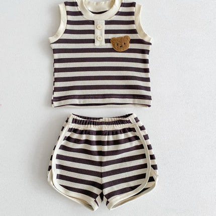 2024 New Summer Baby Stripe Clothes Set Girls Waffle Bear Sleeveless Top+Pants Toddler Infant Outwear 2PCS