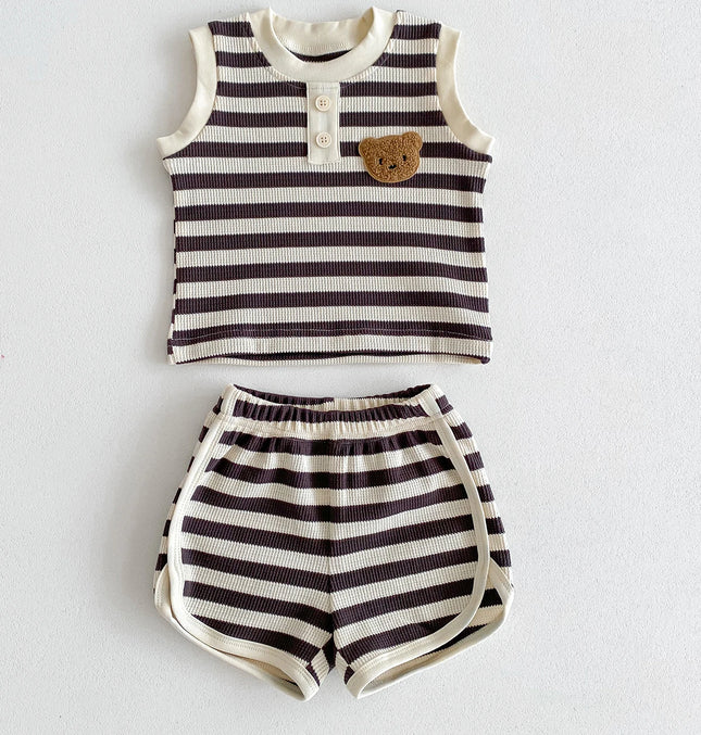 2024 New Summer Baby Stripe Clothes Set Girls Waffle Bear Sleeveless Top+Pants Toddler Infant Outwear 2PCS