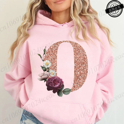 Rose Gold Letter A~Z Printed Women's Sweatshirts Hoodie Fashion Women Hooded Hoodies Casual Harajuku Streetwear Pink Clothing