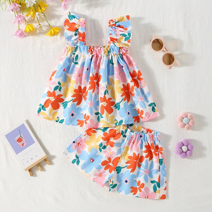 2 Pieces Set Summer Baby Girl Clothes Set Colorful Flower Printed Top with Shorts Baby Girl Korean Outfit