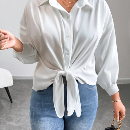 Large Size Ladies Pure Color Shirt with Butterfly Knot Collar Simple Daily Match Sunscreen Long Sleeve Shirt