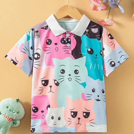 Cartoon Pattern Print Boys Girls Creative Polo Shirts Casual Short Sleeve Lapel Shirt Tops Children Clothes for Summer Outdoor