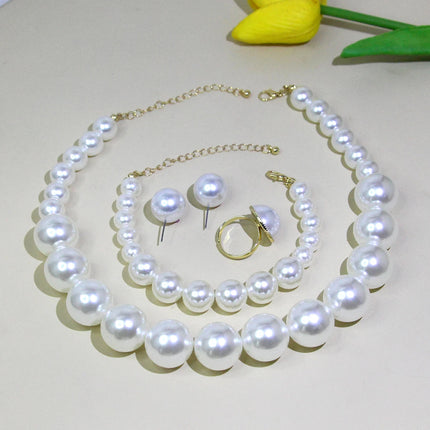 5 Women's Vintage Light Luxury French 5 Piece Imitation Pearl Jewelry Fashion Wedding Earring Bracelet Necklace Ring Set