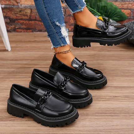 Women's Platform Loafers with Chain Decor Fashion Preppy Style Dress Shoes Woman Patent Leather Slip On Ladies Flats Plus Size