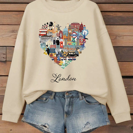 London Heart Street View Print Sweatshirt Women Fleece Hip Hop Streetwear Loose Autumn Clothes Comfortable O-Neck Pullovers
