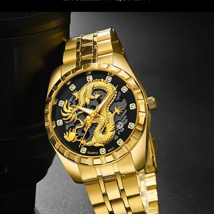WLISTH Men's Watch 3D Golden Dragon Original Quartz Watch for Men Dragon Dial Waterproof Luminous Date Stainless Steel Watches