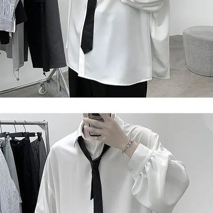 Korean Style Men's Long-sleeved Shirts Black Tie Cozy Casual Solid Oversize Blouses Breathable Loose Shirt Harajuku Male Clothes