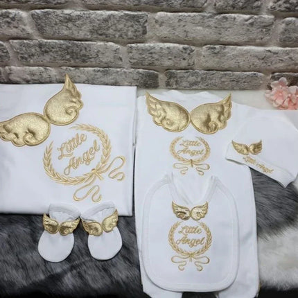Personalized Name Baby Coming Home Outfit Angle Wing Infant Cotton Romper Onesie Blanket Pregnancy Embroidery Laurel Tree Gift