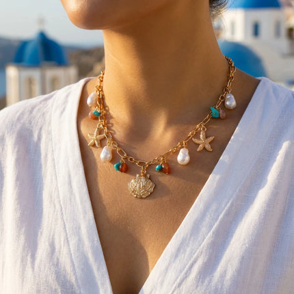 Beach Style Colorful Ceramic Fish Starfish Choker Necklace For Women Ocean Series Scallops Beaded Necklaces Vacation Jewelry