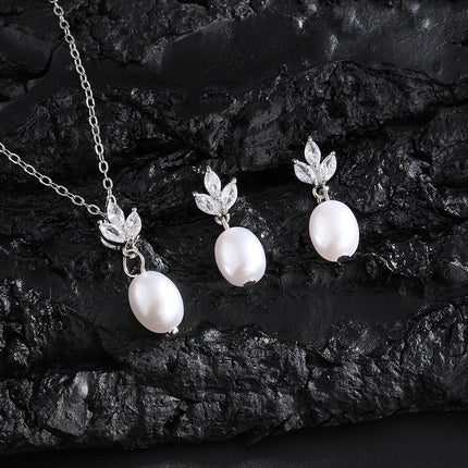 ZAKOL Elegant Shiny Zircon Imitation Pearl Pendant Earring Necklace Set for Women Luxury Party Jewelry Gifts