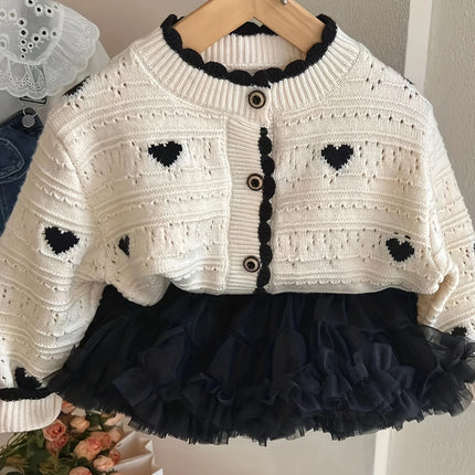 Girls' New Autum Sweater Cardigan, Fashionable and Versatile Single-Breasted Heart Long-Sleeved Korean Style Baby Girl's Jacket
