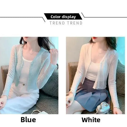 Slim Fit Knitted Long Sleeve Short Cardigan Women's Summer New Style Korean Version Thin Outerwear Pure Color Sun Protection Shi