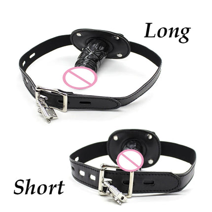 PU Leather Headgear Hood Dildo Open Mouth Oral Gag Bite Silicone Penis Plug Lockable Harness BDSM Bondage Adult Playing Sex Toy