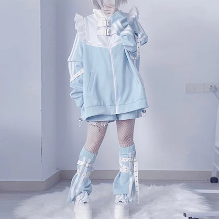 Y2K women clothing arcane stitch grinch Hoodies Women's Autumn 2024 Ruffled Edge Harajuku Hoodie 2000s Loose Zipper Sweatshirts