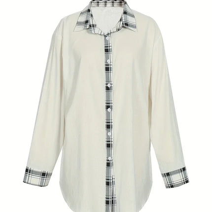 Plus Size 2025 Spring And Summer New Women's High Slit Plaid Hit Colour Casual Long Shirt Women's Button Down Shirt