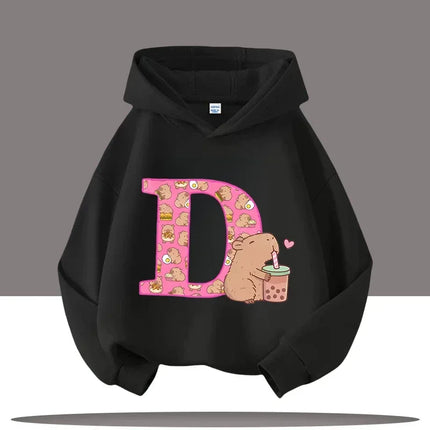 The A-Z Kapibara Cartoon Printed Children's Hoodie, Autumn Outdoor Casual Top for Boys and Girls with A Hooded Pullover