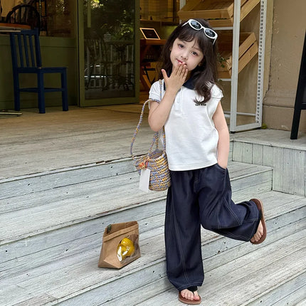 2025 Summer Children's Casual T-shirt Sleeveless Top for Girls and Babies, Color Contrasting Small Collar Polo Tank Top