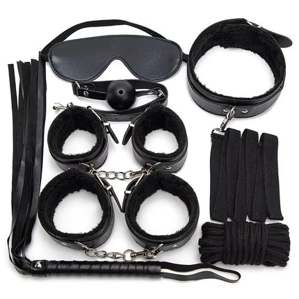 7 pieces/set of black soft PU restrained exotic slave toys suitable for women adult games restrained handcuffs sex whips