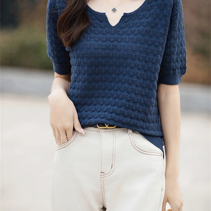 Women's T-shirt Summer New 100% Pure Cotton Tees Casual Solid Knitted Short sleeved V-neck Pullover Loose Tops Fashion Sweater