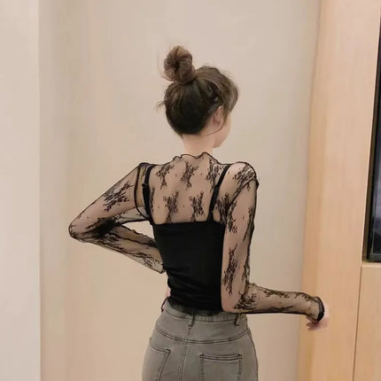 Sexy Black Hollow Out Mesh T-Shirt Transparent Mesh Female Tops Long Sleeve Basic Shirts SeeThrough Turtleneck Women Tshirts