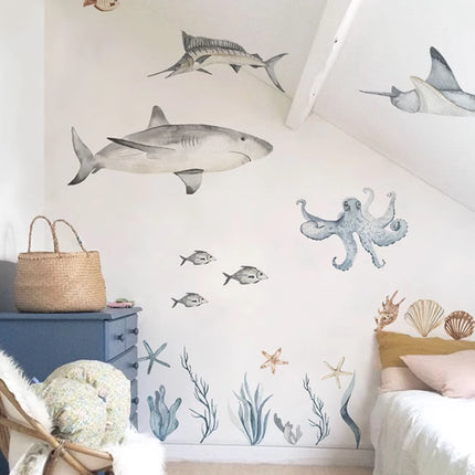 Large Watercolor Sharks Wall Decals Ocean Animal Wall Sticker Under The Sea Marine Life Theme Decals Nursery Kids Room Decor