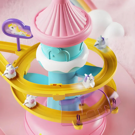 ABS Electric Unicorn Track Toy, 3 Mini Unicorns, Auto Stair Climbing, LED Music Castle Slide Girls Gift