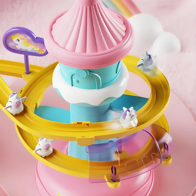ABS Electric Unicorn Track Toy, 3 Mini Unicorns, Auto Stair Climbing, LED Music Castle Slide Girls Gift